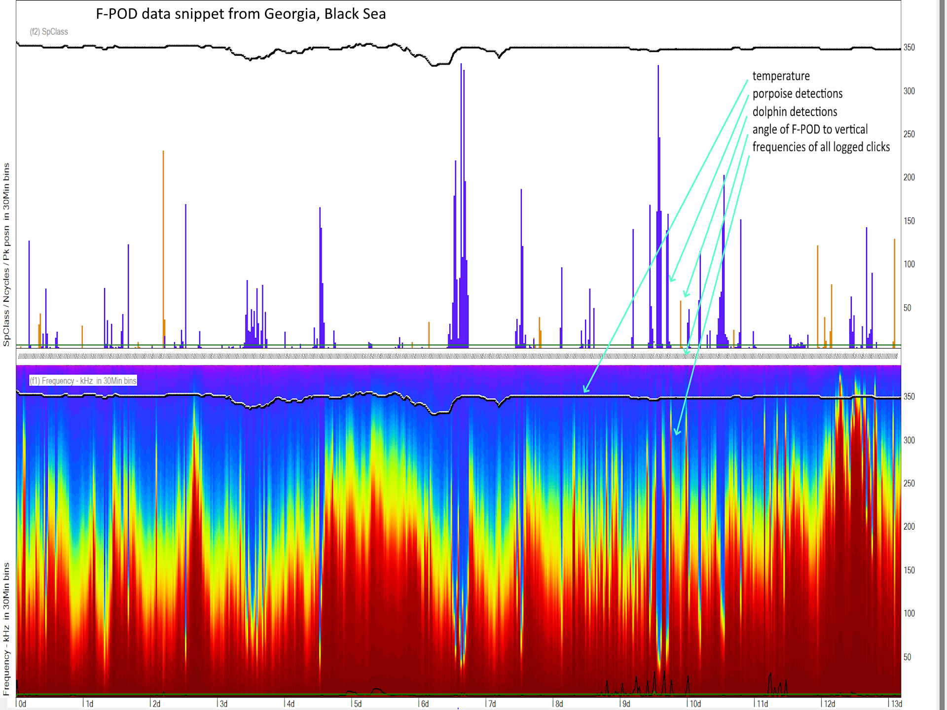 F-POD data display: acoustics, temperature, angle